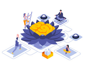 Poster - Meditation for mind landing page vector template. Calming techniques, stress relief website header UI layout with isometric illustration. Yoga workout, self-care web banner isometry concept
