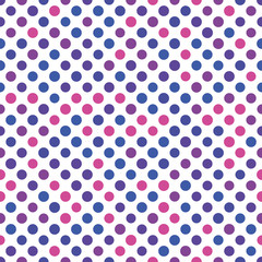 Poster - Seamless polka dot pattern. Pink, violet and blue dots in random sizes on white background. Vector illustration