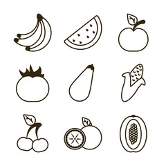 Sticker - set of icons of fresh fruits and vegetables, line style icon