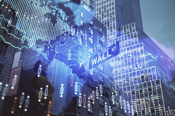 Fototapete - Forex chart on cityscape with tall buildings background multi exposure. Financial research concept.