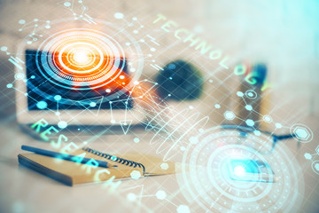 double exposure of desktop computer and technology theme hologram. concept of software development.