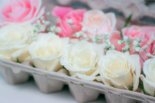 Fresh White And Pink Hybrid Tea Rose Flowers And White Baby's Breath (Gypsophila) Displayed In An Egg Carton