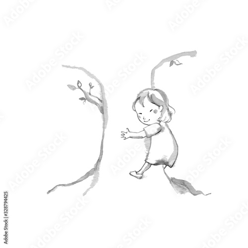 木に抱きつく女の子 線描 Stock イラスト Adobe Stock
