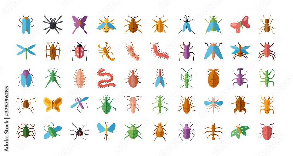 bugs and insect icon set, flat style - obrazy, fototapety, plakaty 