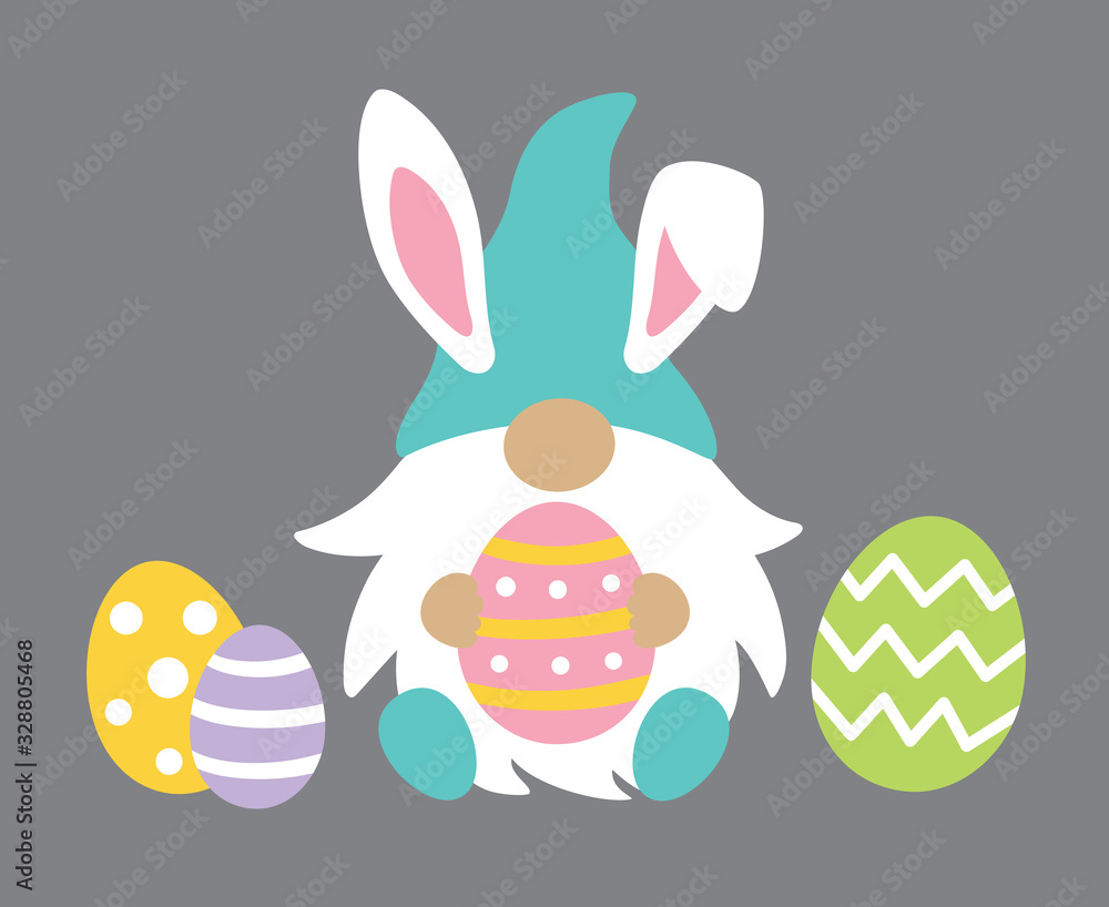 Vector illustration of cute gnome wearing Easter bunny ears holding Easter egg. - obrazy, fototapety, plakaty 