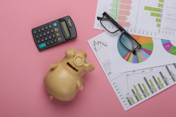 Classic eyeglasses, calculator, piggy bank with graphs and charts on pink pastel background. Economic calculation, analytics, business concept. Family budget