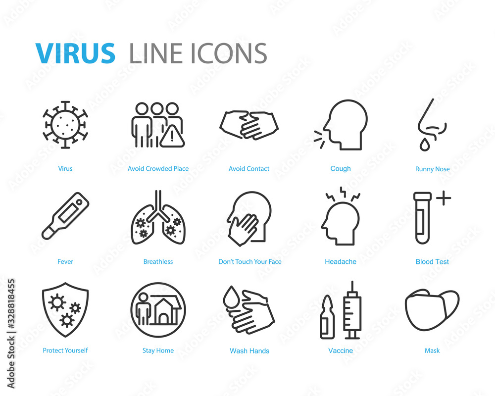 set of coronavirus icons, virus, ncov-2019, disease, sickness, illness - obrazy, fototapety, plakaty 