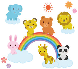  虹の上で遊ぶ　動物たち　イラスト