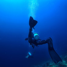 Diver Underwater Unusual View, Concept Depth, Diving In The Sea