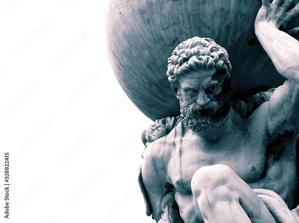 Statue of the Greek God Atlas holding the globe on his shoulders.  With colour toning - obrazy, fototapety, plakaty 