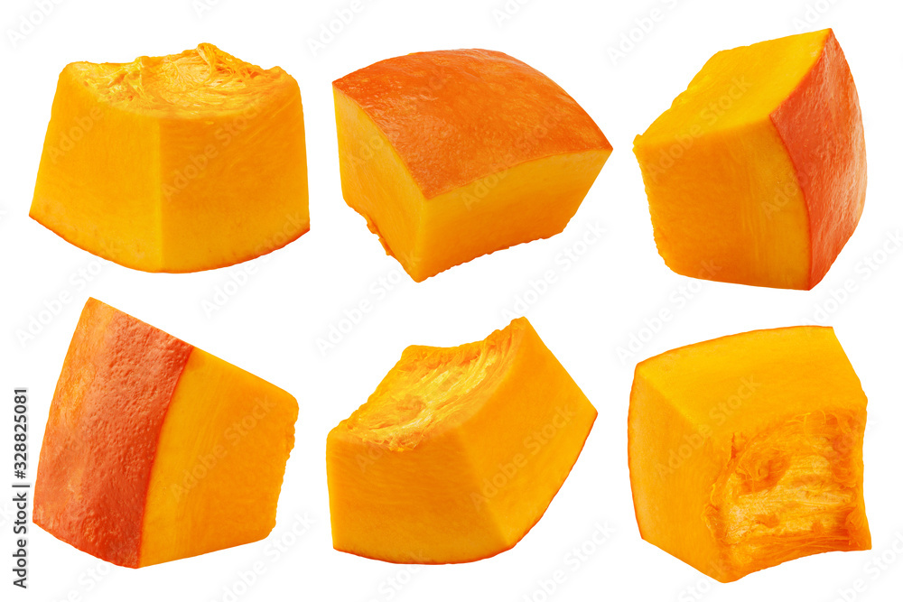 piece of pumpkin, cubes, isolated on white background, clipping path, full depth of field - obrazy, fototapety, plakaty 