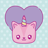 Fototapeta Kwiaty - kawaii unicorn with purple heart icon, colorful design