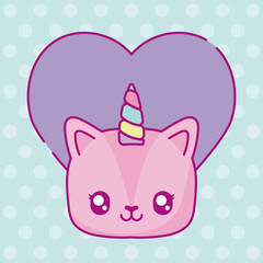 Sticker - kawaii unicorn with purple heart icon, colorful design