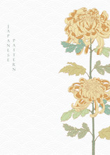 Chrysanthemum Background With Japanese Wave Pattern Vector. Oriental Template With L Elements In Vintage Style.