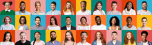 Mosaic Of Faces Of Multiethnic People Posing On Colorful Backgrounds
