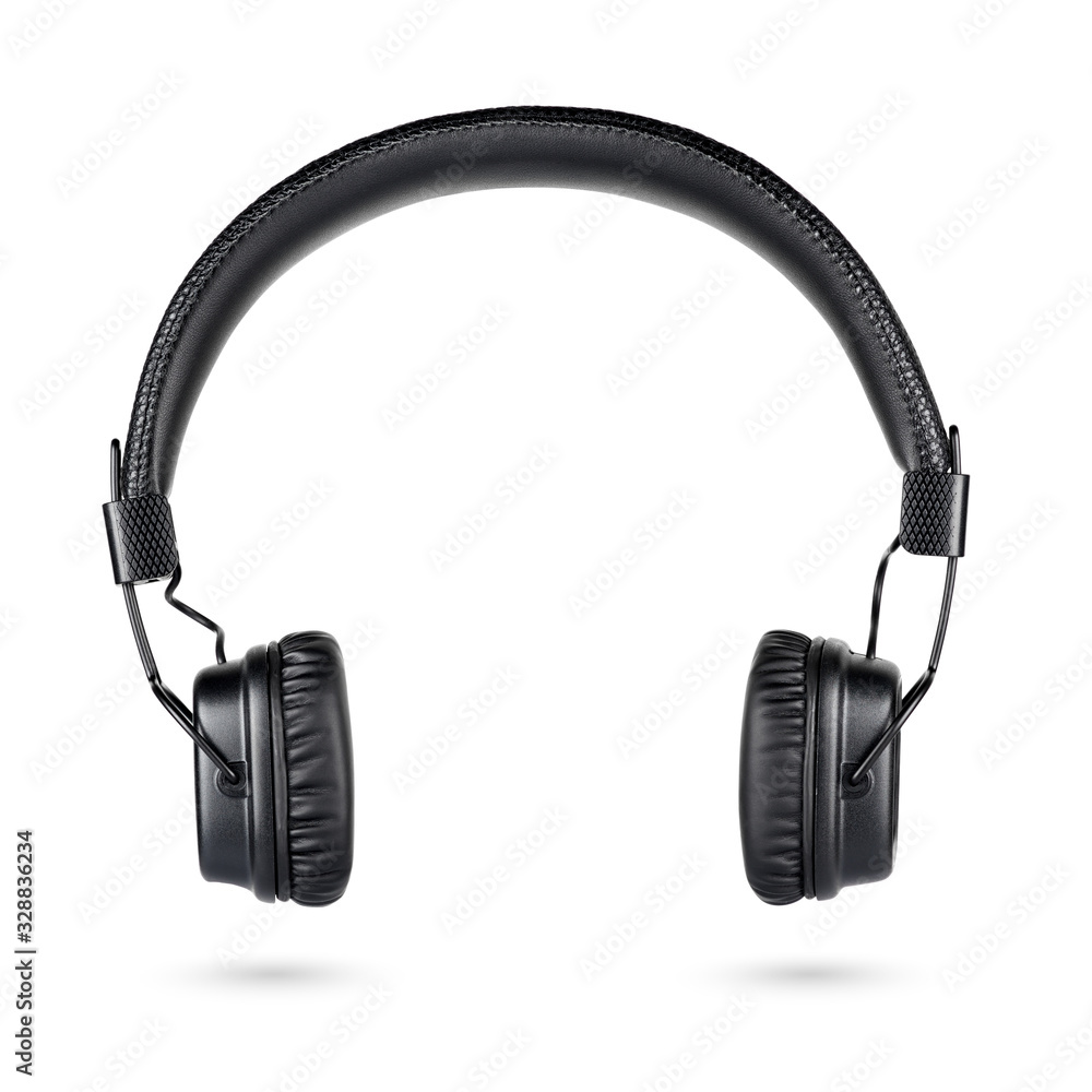 Wireless black on-ear headphones isolated on white - obrazy, fototapety, plakaty 