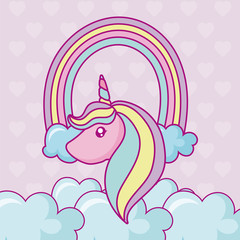 Poster - kawaii unicorn head and rainbow with clouds, colorful design