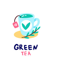 Wall Mural - A mug of green tea with a bag and a sprig on a yellow plate. Hand-drawn illustration in bright doodle style for design. Elements isolated on white background.