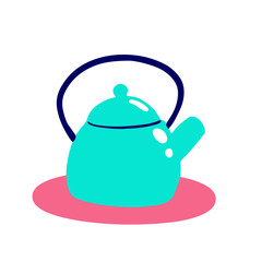 Wall Mural - A turquoise simple teapot on a pink stand. Hand-drawn illustration in bright doodle style for design. Elements isolated on white background.