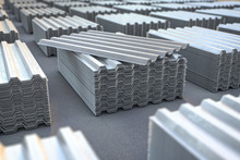 Stacks Of Metal Corrugated Sheets, Steel Zinc Or Galvanized Wave Shaped Profile  Sheets For Roof Construction.