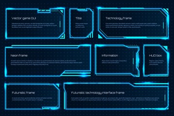 HUD game element. Futuristic tech screen template with text messages, warning technology frame. Vector attention interface hologram for gaming space management