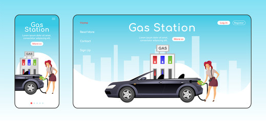 Wall Mural - Gas station responsive landing page flat color vector template. Petrol sale network homepage layout. One page website UI with cartoon character. Car refueling adaptive webpage cross platform design