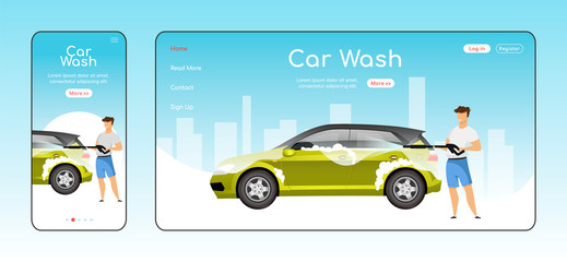 Wall Mural - Car wash responsive landing page flat color vector template. Auto cleaning homepage layout. One page website UI with cartoon character. Power washer use adaptive webpage cross platform design