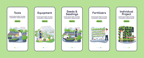 Wall Mural - gardening items onboarding mobile app screen flat vector template. garden tools and seedlings. walkt