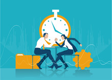 Two Business People Fighting With Arm Wrestling. Business People Sitting Next To The Clock And Negotiating The Deal. Business Concept Illustration