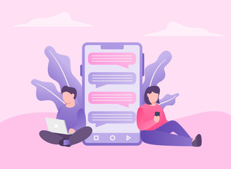 Wall Mural - man and woman online messaging with various devlice like laptop and smartphone