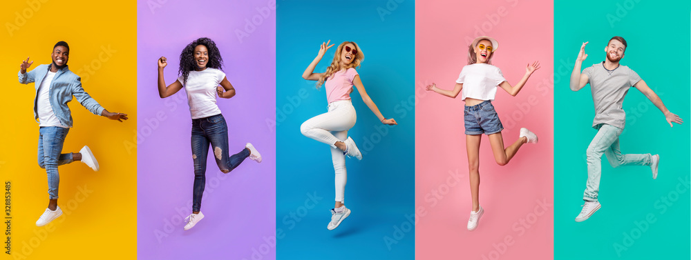 Collage of millennial jumping people of different nations on color background, panorama - obrazy, fototapety, plakaty 