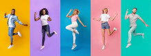 Collage Of Millennial Jumping People Of Different Nations On Color Background, Panorama