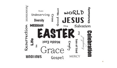 Easter black and white word collage symbolizing Jesus Christ's sacrifice on the cross, raising from the dead and graciously giving salvation to the whole word for those who believe in Him.