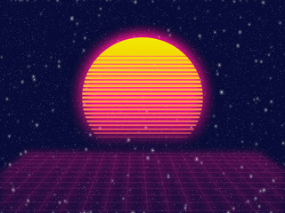 Wall Mural - abstract 1980s retro background with star, red grid and sunset