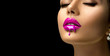 © Subbotina Anna - Pink Lipstick dripping. Paint drops on red lips, lipgloss dripping from sexy lips, Purple liquid drops on beautiful model girl's mouth, creative abstract make-up. Beauty woman face makeup close up