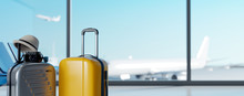 Suitcases In Airport On Blurred Airstrip Background. Travel Concept. 3d Rendering