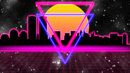 Wall Mural - beautiful colorful 1980s retro concept with cityscape on pink light