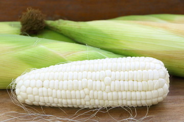 Wall Mural - Close up raw white corn (peeled can see inside) on brown wood table background