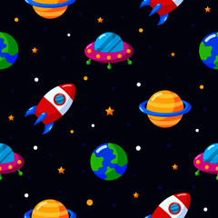 seamless pattern cartoon space. planets isolated on blue background.