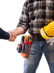 Wall Mural - Close-up of a handshake of the electrician carpenter holding helmet and protective goggles in hand. Construction industry, electrical system. Isolated on a white background.