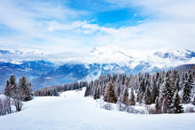 Alpine Ski Slope And Mountain Range Peaks Of Mont-Blanc, Chamonix Region, Auvergne-Rhone-Alpes In South-eastern France