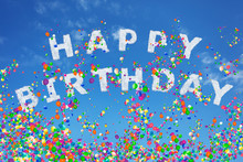Happy Birthday Sign Text Made Of Clouds Letters Over Clear Day Blue Sky With Many Flying Air Balloons