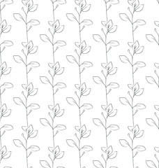 Wall Mural - Vector Hand Drawn Line Drawing Doodle Floral Seamless Pattern with Wildflowers, Plants, Branches, Leaves. Design Elements Illustration. Branding. Swatch