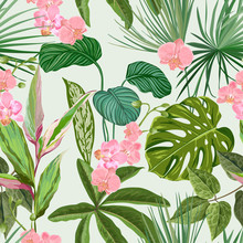 Tropical Orchid, Philodendron And Monstera Seamless Background, Floral Print With Exotic Pink Flowers And Green Jungle Leaves. Rainforest Nature Textile Ornament, Plants Wallpaper. Vector Illustration