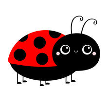 Lady Bug Ladybird Insect Icon Print. Side View. Cute Cartoon Kawaii Funny Baby Character. Big Eyes. Red Black Color. Love Greeting Card. Happy Valentines Day. Flat Design. White Background.