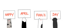 Draw Banner Cat Paws  Holding Paper Write Happy April Fool's Day.