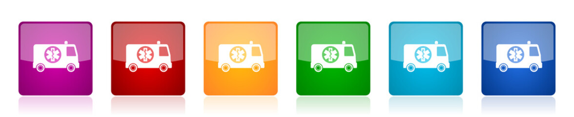 Poster - Ambulance icon set, colorful square glossy vector illustrations in 6 options for web design and mobile applications