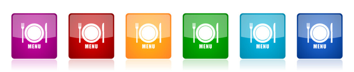 Fototapete - Menu icon set, colorful square glossy vector illustrations in 6 options for web design and mobile applications