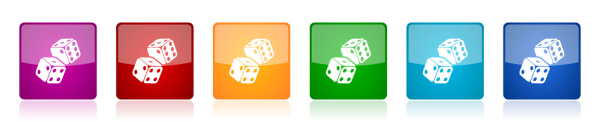 Leinwandbilder - Dice, casino icon set, colorful square glossy vector illustrations in 6 options for web design and mobile applications