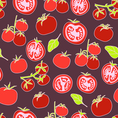 Vector seamless pattern with red tomatoes slice. Cartoon style. Vector clip art for kitchen textile, texture, wallpaper, web banners, package design for vegatables market, covers, vegan poster.